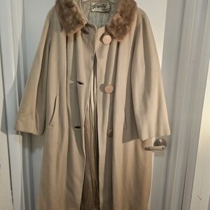 Vintage 1950s Camel/Tan Cashmere Swing Coat Mink Collar Midi Overcoat
